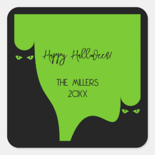 Sticker Carré Halloween Chats Yeux Silhouette Noir Vert Moderne