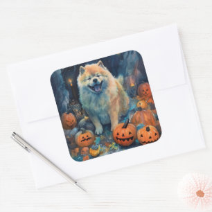Sticker Carré Halloween Chow Chow Avec La Peur Citrouille