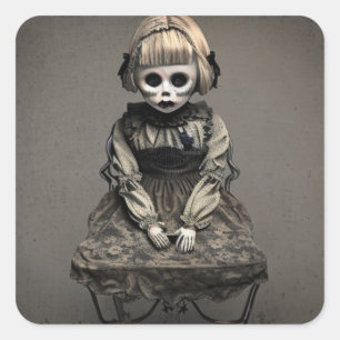 Sticker Carré Halloween Dilapidé Vieux Poupée Vintage De Peur