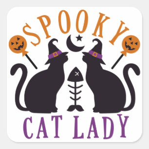 Sticker Carré Halloween éffrayant Chat Lady Chats Noirs
