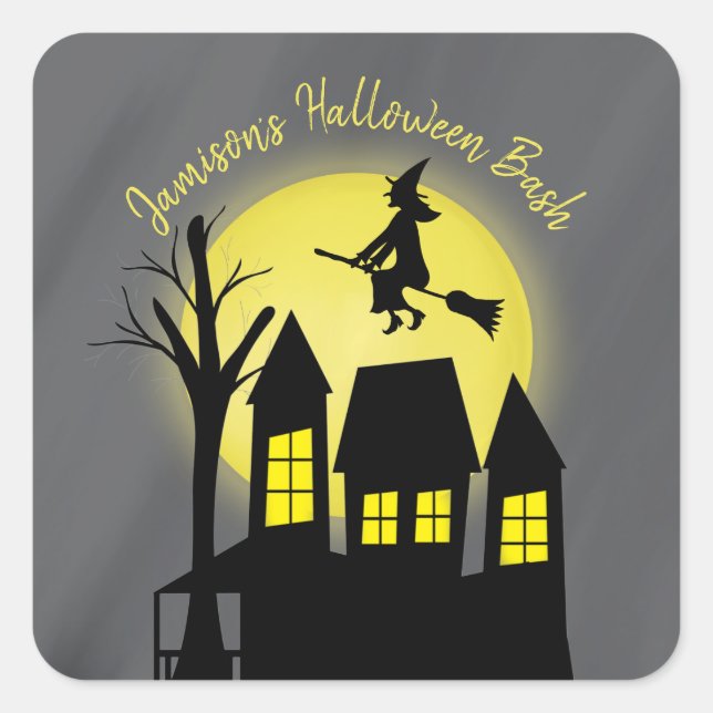 Sticker Carré Halloween Éffrayant sorcière Broomstick Lune (Devant)