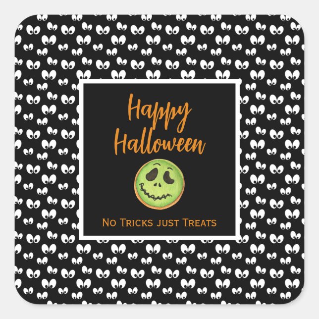 Sticker Carré Halloween éffrayants yeux vert cookie pas de tours (Devant)