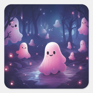 Sticker Carré Halloween En Forêt Fantômes Roses