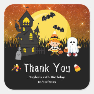 Sticker Carré Halloween Fête Sorcière Ghost Orange