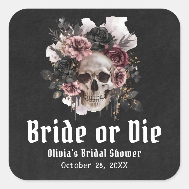 Sticker Carré Halloween Floral Skull Bride ou Fête des mariées d (Devant)