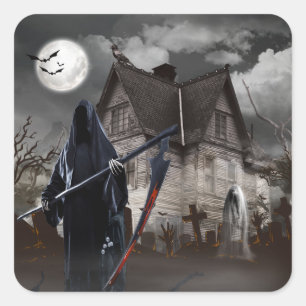 Sticker Carré Halloween Grim Reaper Maison hantée
