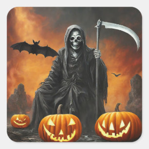 Sticker Carré Halloween heureux - Grande Faucheuse Citrouille sc