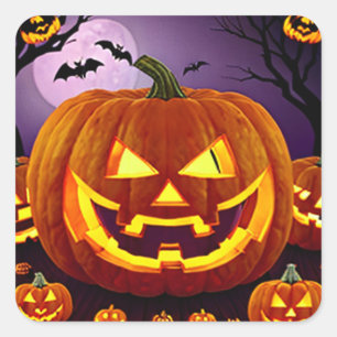 Sticker Carré Halloween Jack-o-Lanterns et chauves-souris