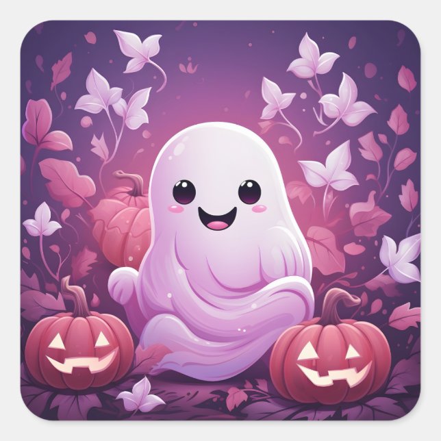 Sticker Carré Halloween Joli Fantôme Rose Et Citrouille Orange (Devant)