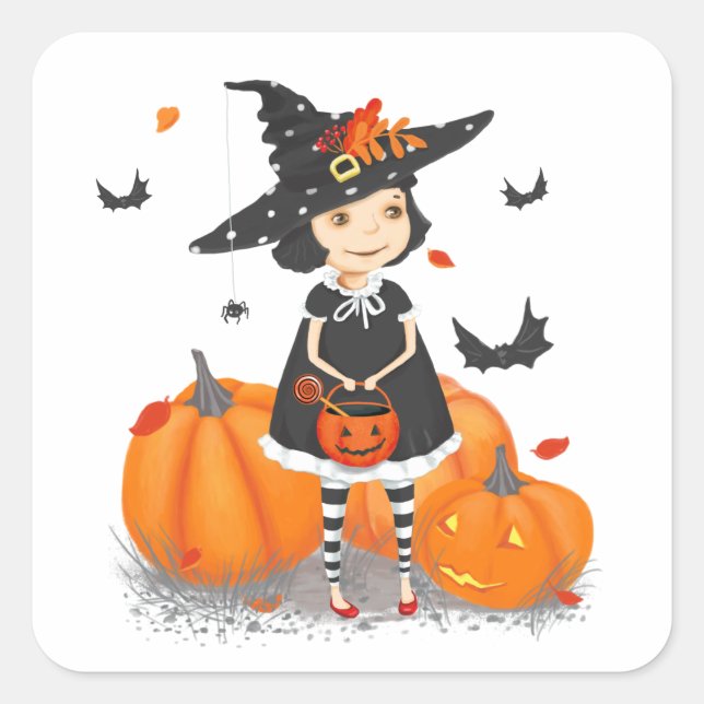 Sticker Carré Halloween jolie petite sorcière (Devant)
