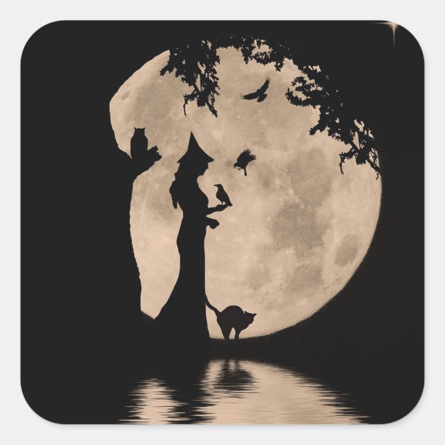 Sticker Carré Halloween Jolie Sorcière et familiers Chat Hibou C (Devant)