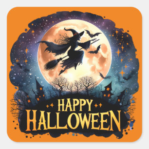 Sticker Carré Halloween joyeuse - Sorcière en vol Broom