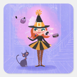 Sticker Carré Halloween Lavande de sorcière rouge et rose