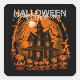 STICKER CARRÉ HALLOWEEN MAISON HANTÉE ÉPRAVANTABLE CRÂNES