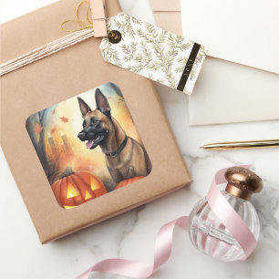 Sticker Carré Halloween Malinois Belge Avec Citrouilles Effrayan