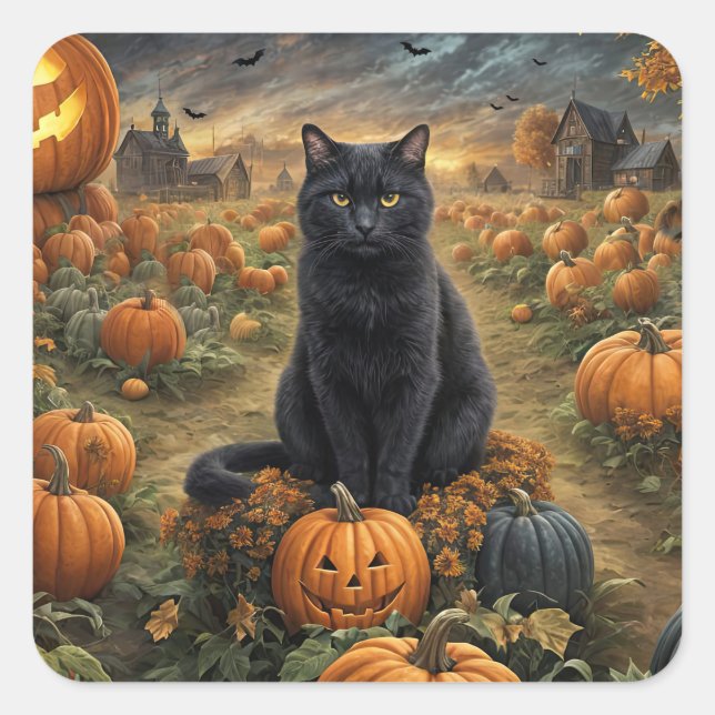 Sticker Carré Halloween noir chat Jack O Lanterns (Devant)