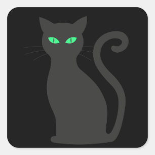 Sticker Carré Halloween noir chat vert yeux