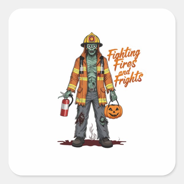 Sticker Carré Halloween pompier combattre les incendies et les p (Devant)