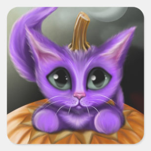 Sticker Carré Halloween pourpre Kitty