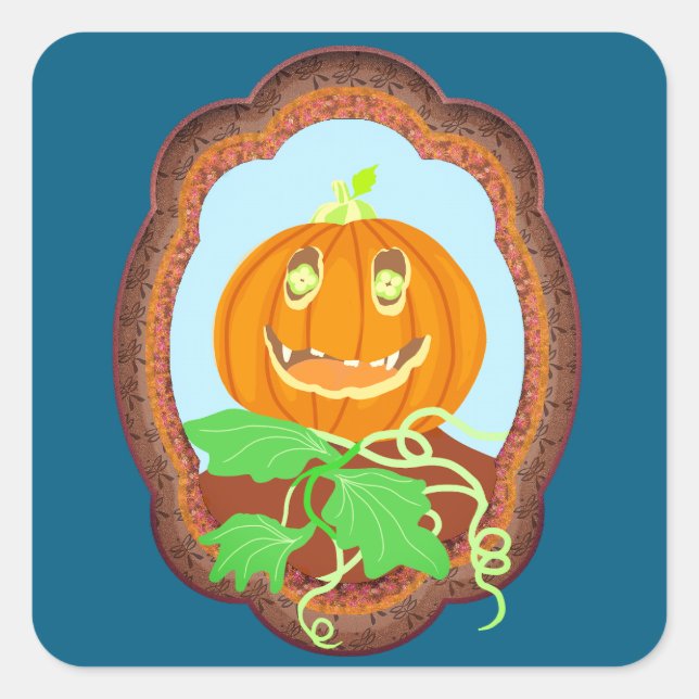 Sticker Carré Halloween pumpkin smiling whimsical and spooky (Devant)