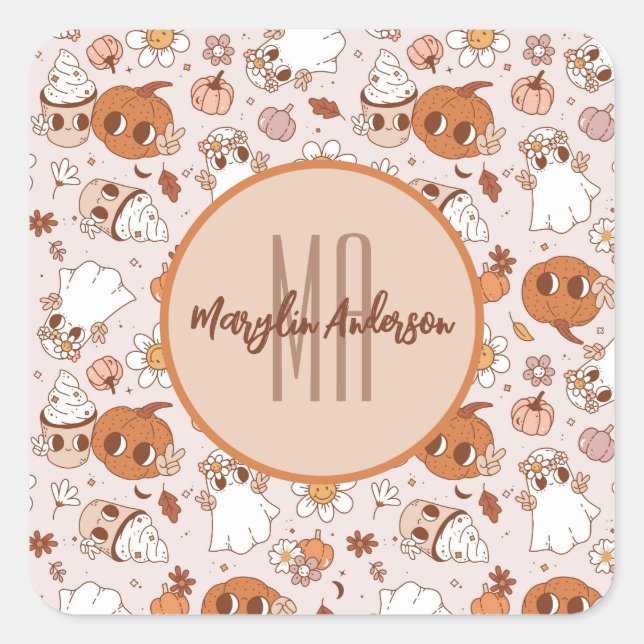 STICKER CARRÉ HALLOWEEN RETRO CITROUILLES SUPER ET GHOSTS (Devant)