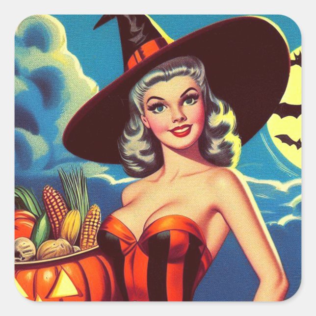 Sticker Carré Halloween rétro Pin-up sorcière (Devant)