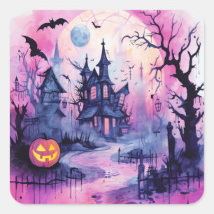 Sticker Carré Halloween Scène Haunted House (1)
