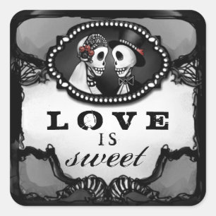 Sticker Carré Halloween Skeletons Mariage L'amour est Carré doux