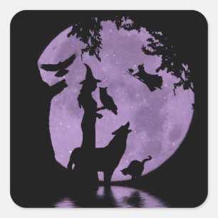 Sticker Carré Halloween sorcière, chat noir, hibou, corbeau et l