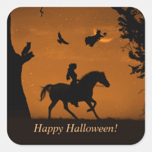 Sticker Carré Halloween Sorcière cheval et Rider mignonne Éffray