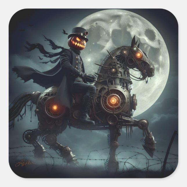 Sticker Carré Halloween Steampunk Horseman sans tête (Devant)