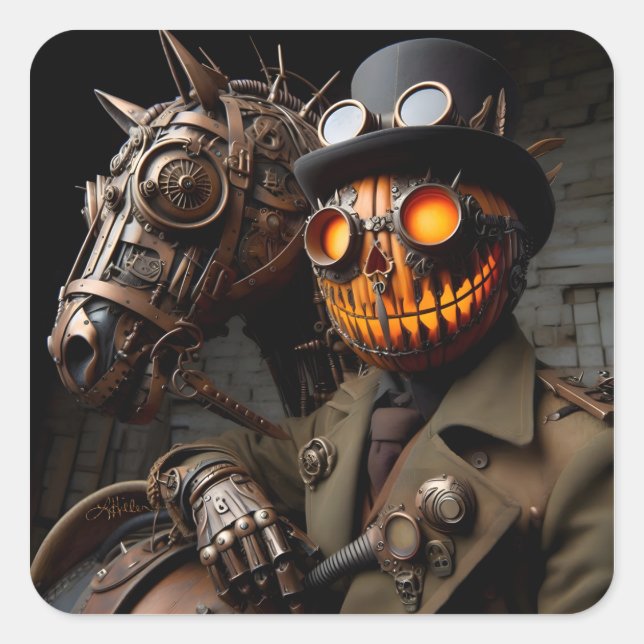 Sticker Carré Halloween Steampunk Jack-O-Lantern Horseman (Devant)