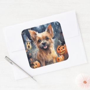 Sticker Carré Halloween Terrier Australien Avec Citrouilles Effr