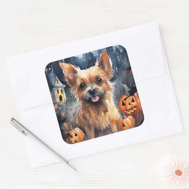 Sticker Carré Halloween Terrier Australien Avec Peur Citrouille (Enveloppe)