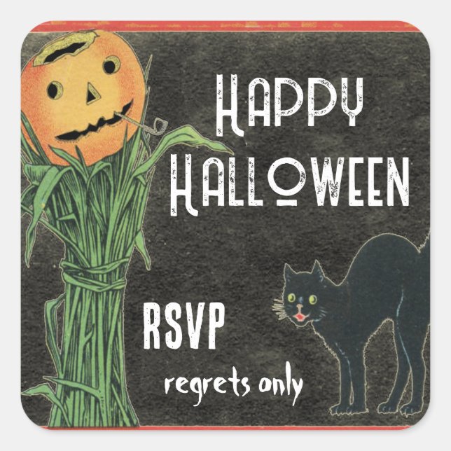 Sticker Carré HALLOWEEN TÊTE CITROUILLE Cornstalk et Chat noir (Devant)