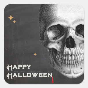 Sticker Carré Halloween Vintage crâne Etching Noir