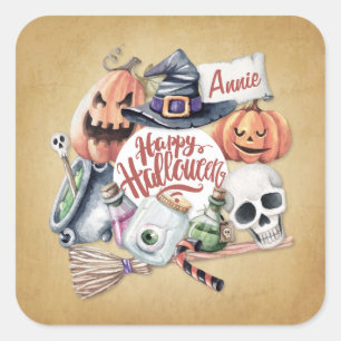 Sticker Carré Halloween Vintage heureux personnalisé   Autocolla