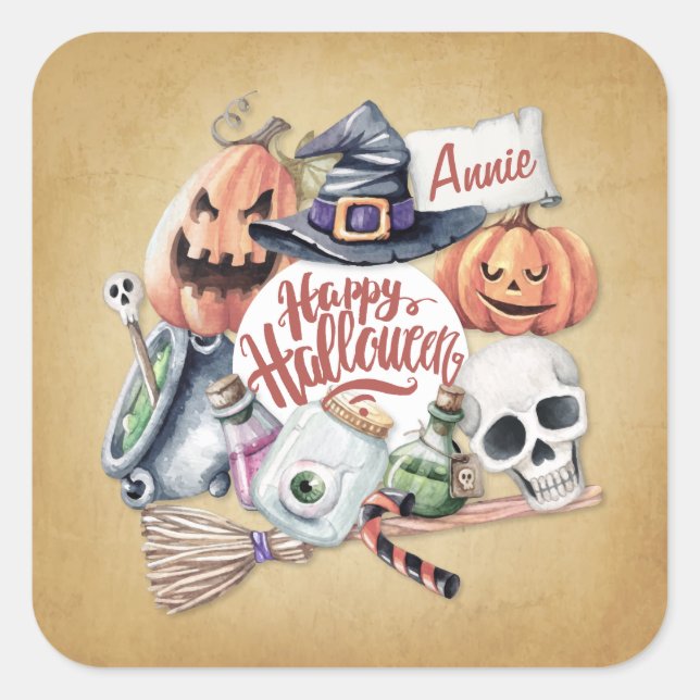 Sticker Carré Halloween Vintage heureux personnalisé | Autocolla (Devant)