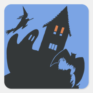 Sticker Carré Halloween vintage, maison hantée effrayante et sor