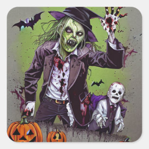 Sticker Carré Halloween Vintage Zombies éffrayant