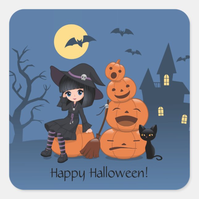 Sticker Carré Halloween Witch, Chat noir et Citrouille (Devant)