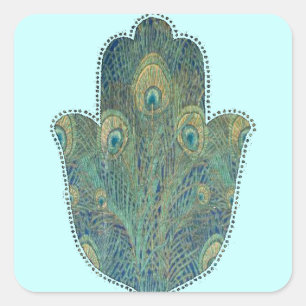 Sticker Carré Hamsa à plumes de paon Judaica bohème