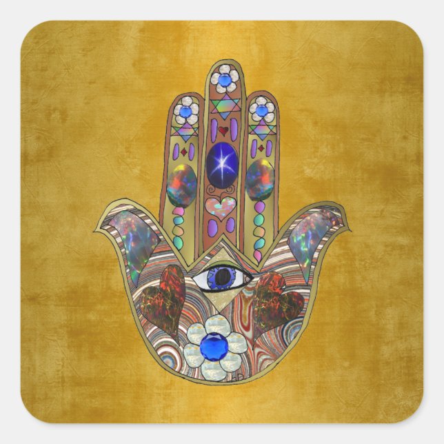 Sticker Carré Hamsa Coeurs Fleurs Opal Art sur Or (Devant)