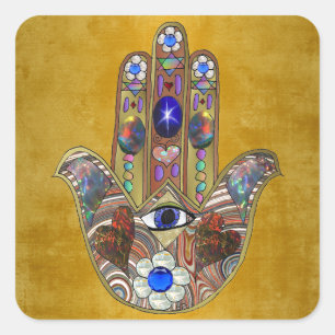 Sticker Carré Hamsa Cœurs Fleurs Opale Art sur Or