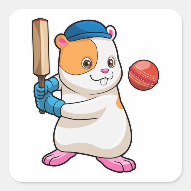 Sticker Carré Hamster au cricket avec batte de cricket & Casquet (Devant)