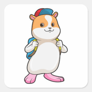 Sticker Carré Hamster en tant qu'étudiant avec sac à dos et Casq