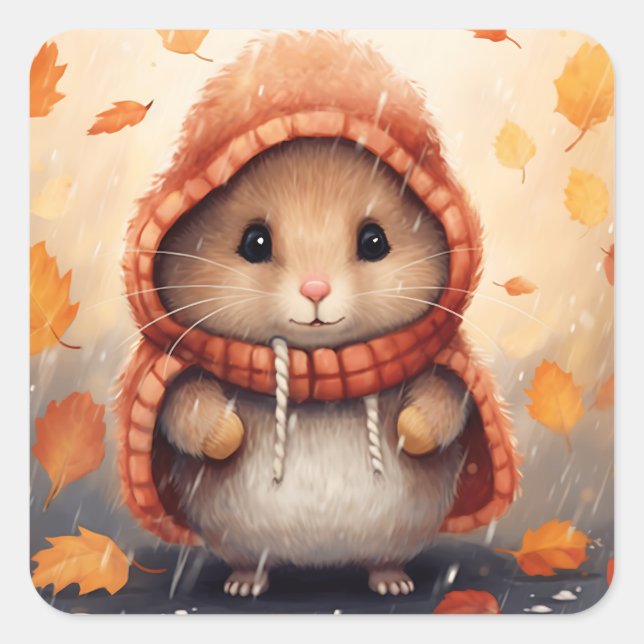 Sticker Carré Hamster mignon dans le paysage d'automne Whimsical (Devant)
