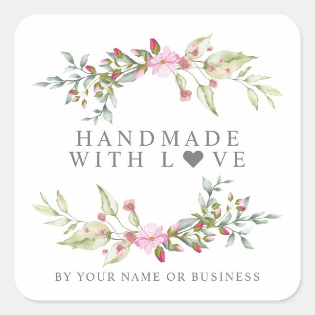 Sticker Carré Handmade with Love on Romantic Floral Garland (Devant)