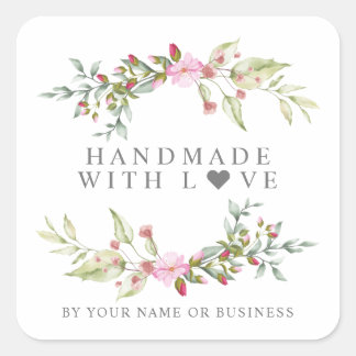 Sticker Carré Handmade with Love on Romantic Floral Garland