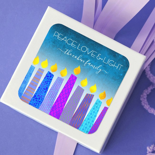 Sticker Carré Hanoukka Blue Boho bougies Turquoise Peace Love (Créateur téléchargé)
